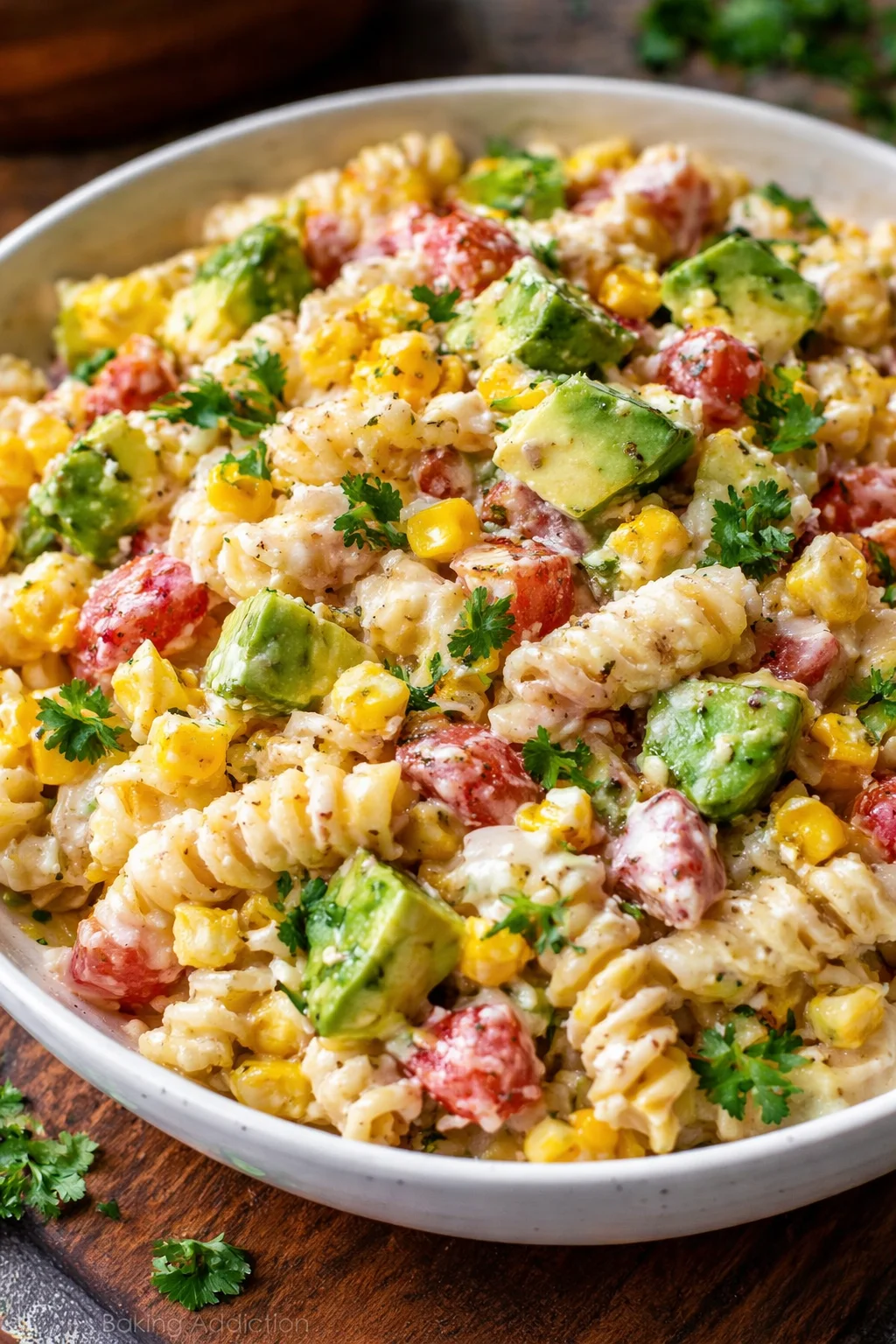 Colorful Mexican street corn pasta salad with fresh ingredients