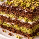 Delicious No Bake Dubai Chocolate Cake topped with chocolate garnish