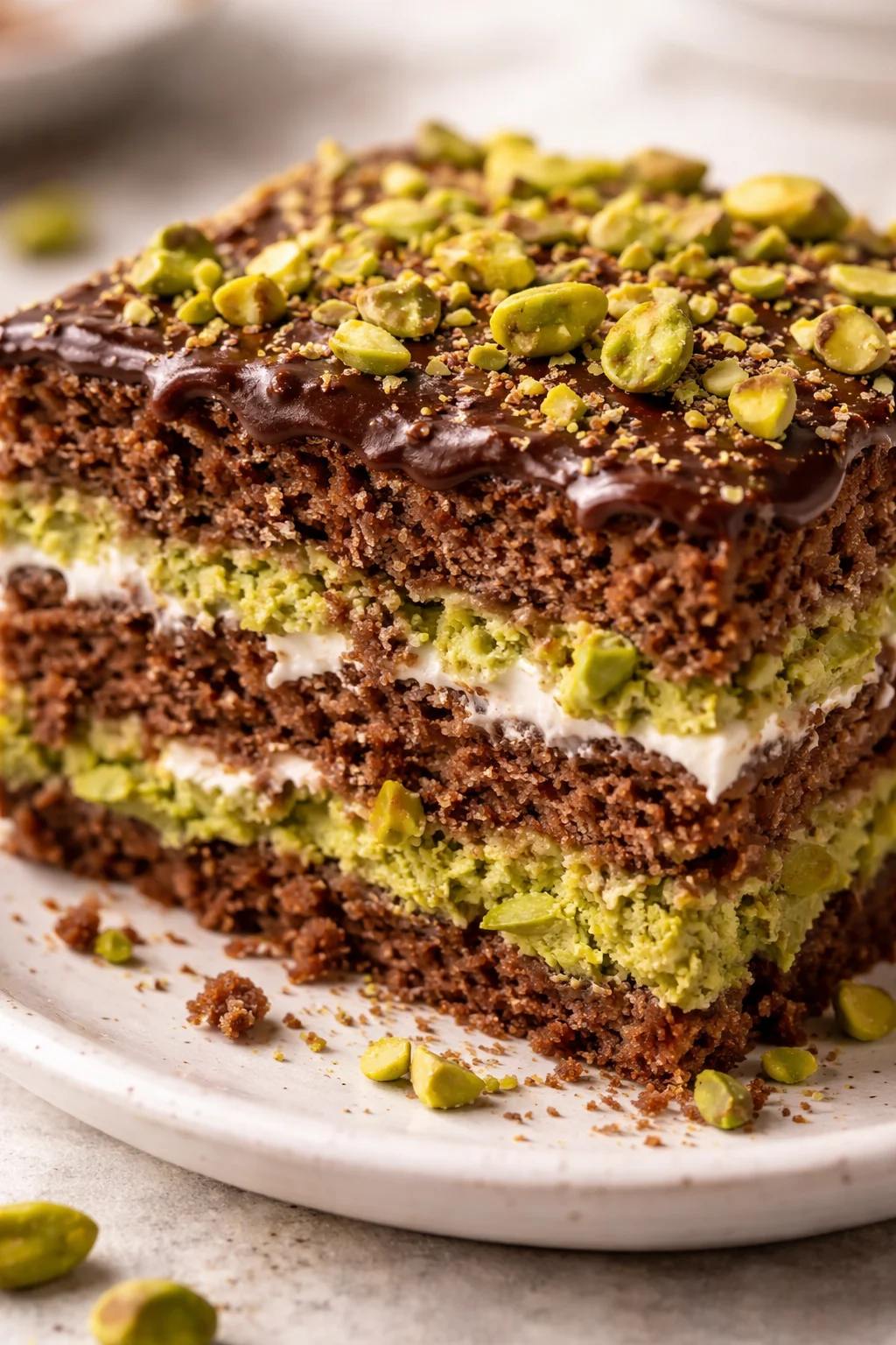 Delicious No Bake Dubai Chocolate Cake topped with chocolate garnish