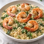 Creamy One Pan Parmesan Orzo with Shrimp on a rustic wooden table