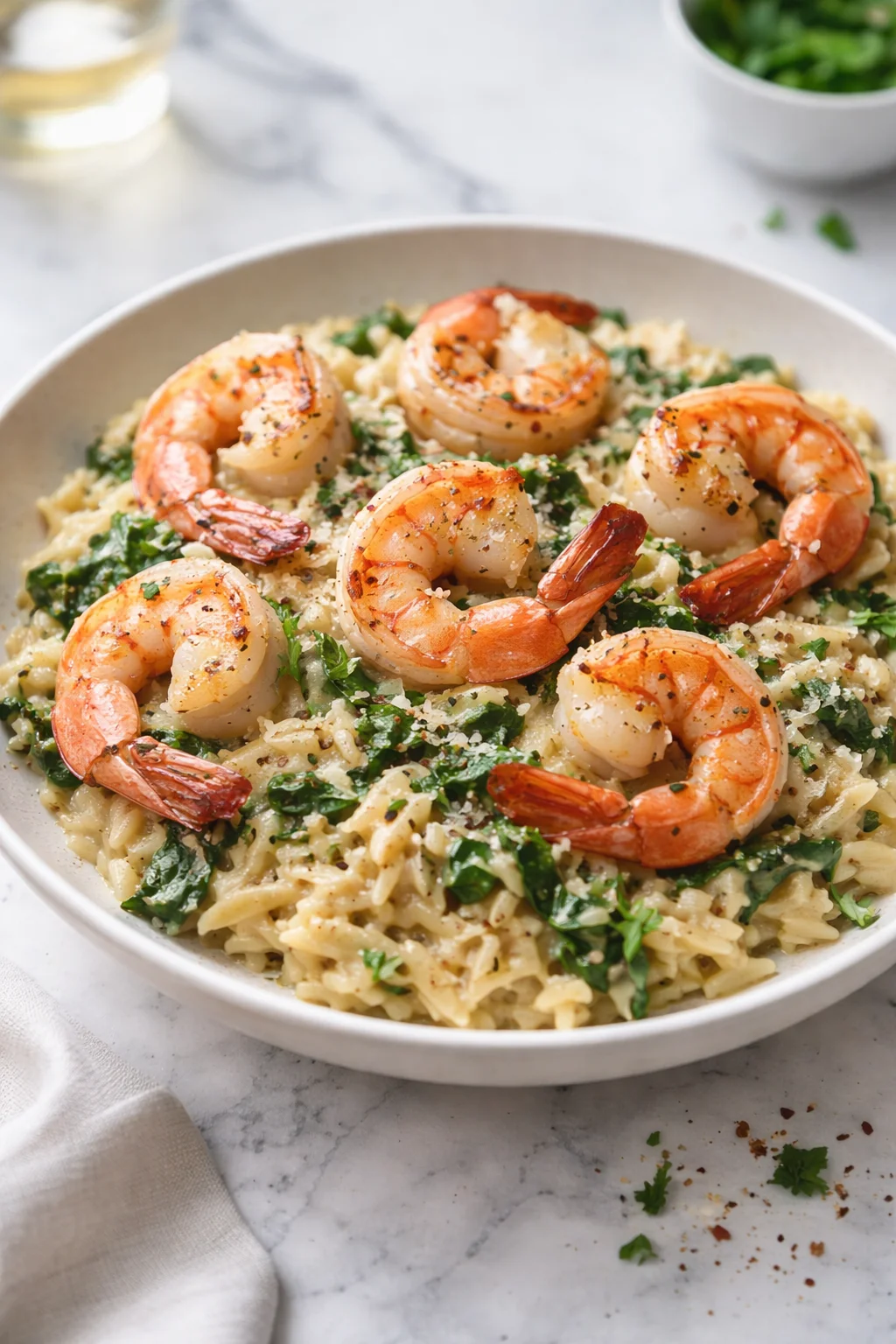 Creamy One Pan Parmesan Orzo with Shrimp on a rustic wooden table