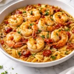Delicious One Pot Marry Me Shrimp and Orzo Pasta served in a bowl
