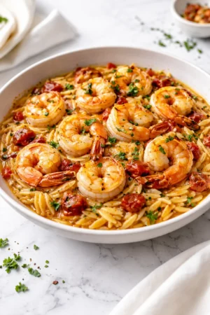 Delicious One Pot Marry Me Shrimp and Orzo Pasta served in a bowl