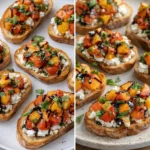 Simple Peach Bruschetta topped with whipped ricotta on a rustic platter.