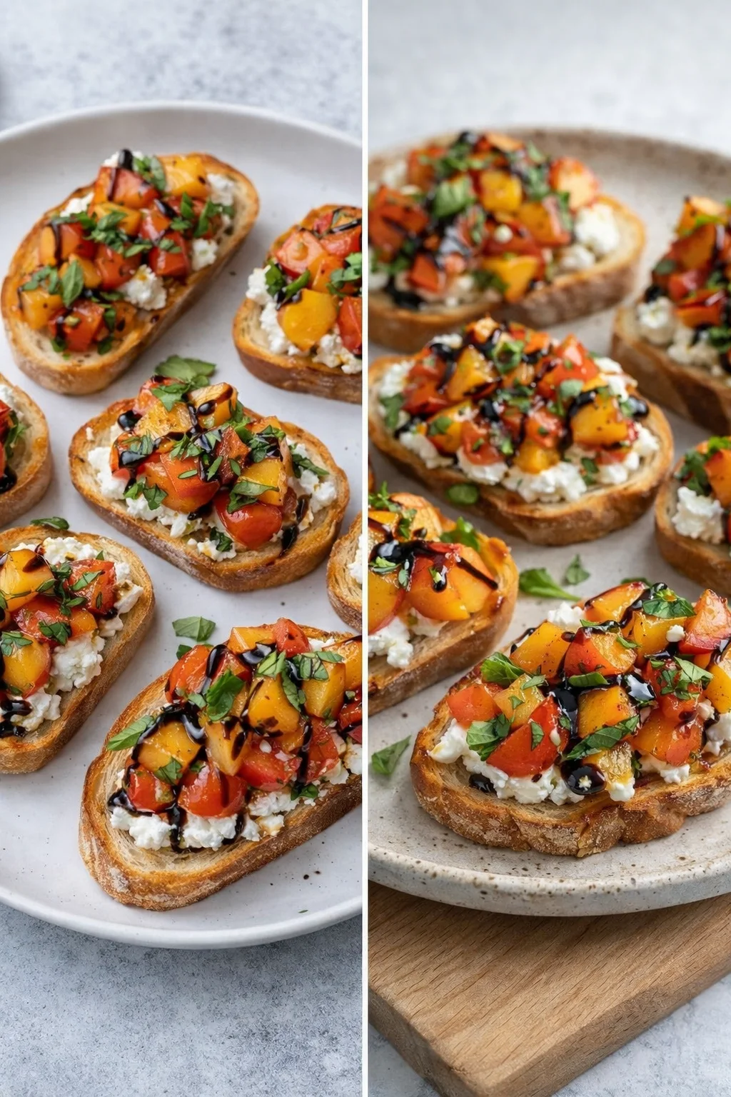 Simple Peach Bruschetta topped with whipped ricotta on a rustic platter.