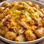 Delicious slow cooker cheesy ranch chicken served with potatoes.