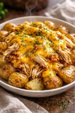 Delicious slow cooker cheesy ranch chicken served with potatoes.