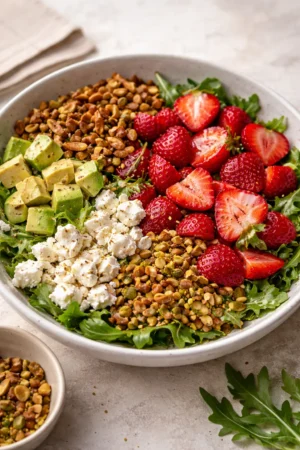 A vibrant Strawberry Crunch Salad with Champagne Vinaigrette served in a bowl.