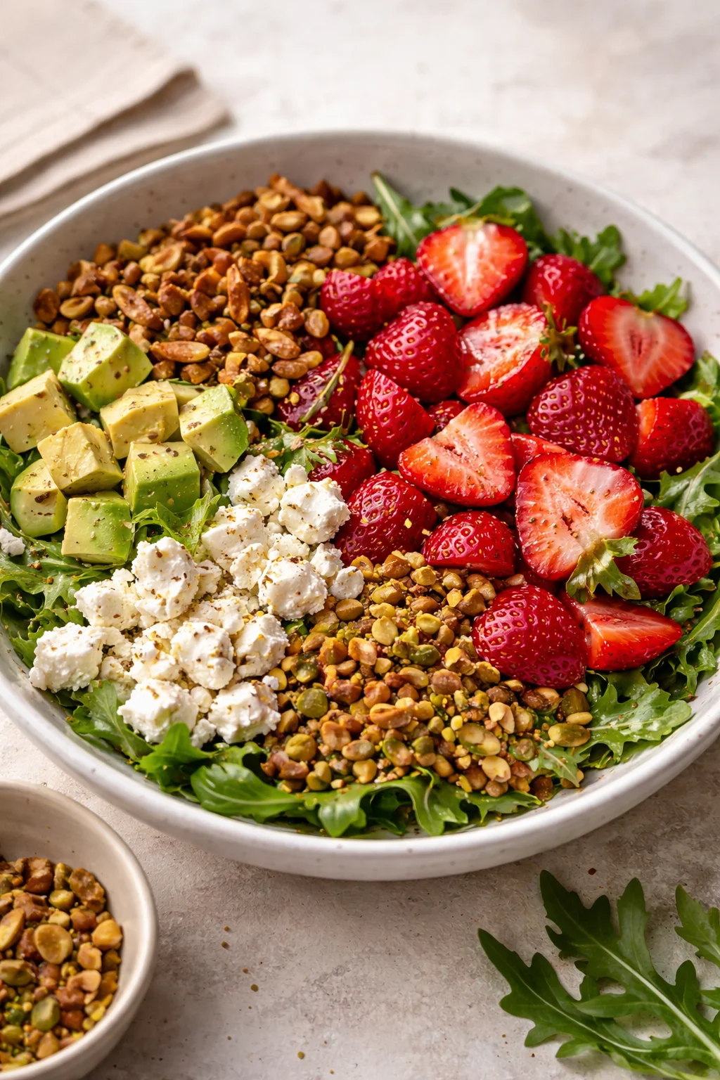 A vibrant Strawberry Crunch Salad with Champagne Vinaigrette served in a bowl.