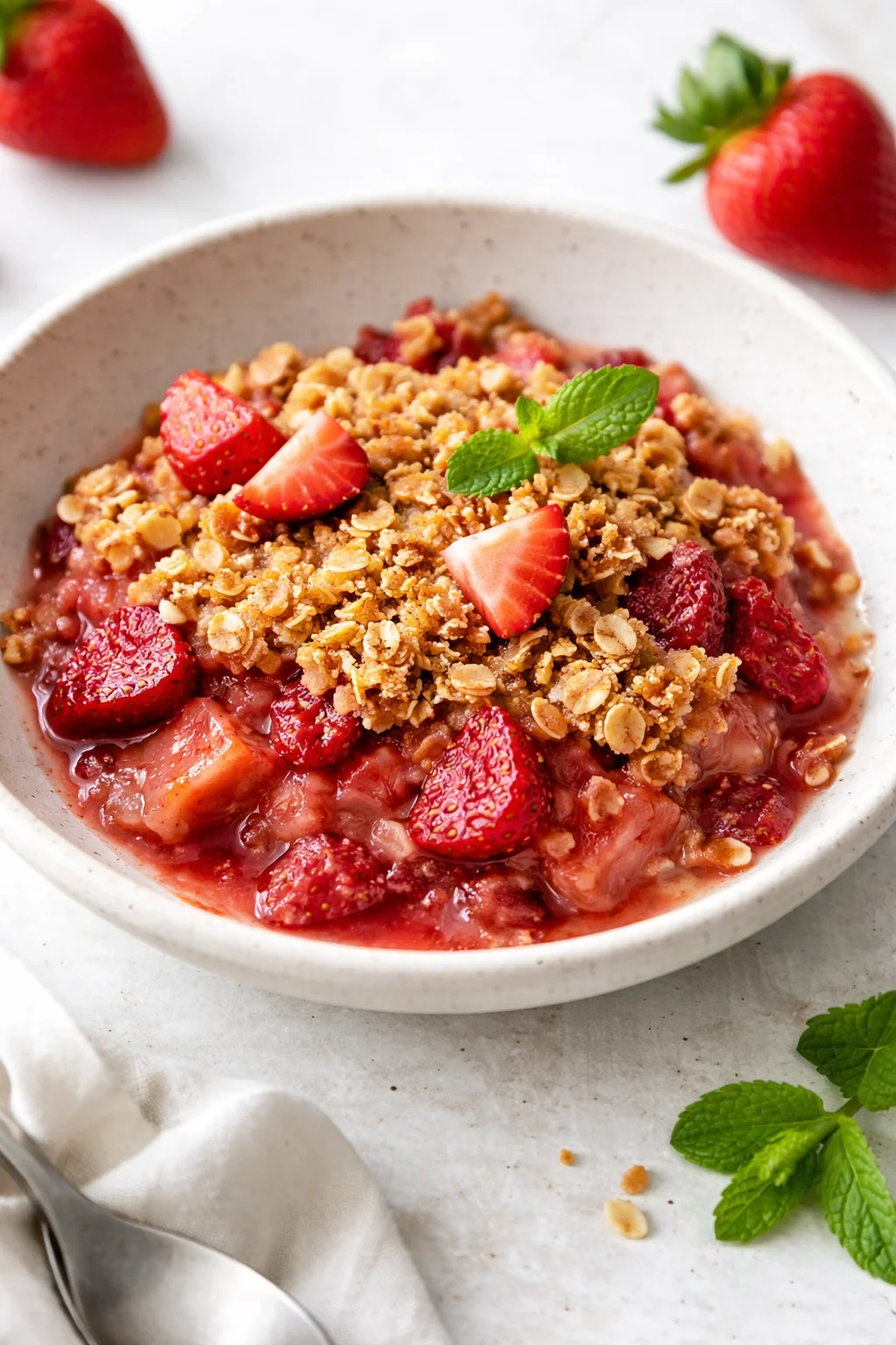 Delicious strawberry rhubarb crisp with a golden crumble topping