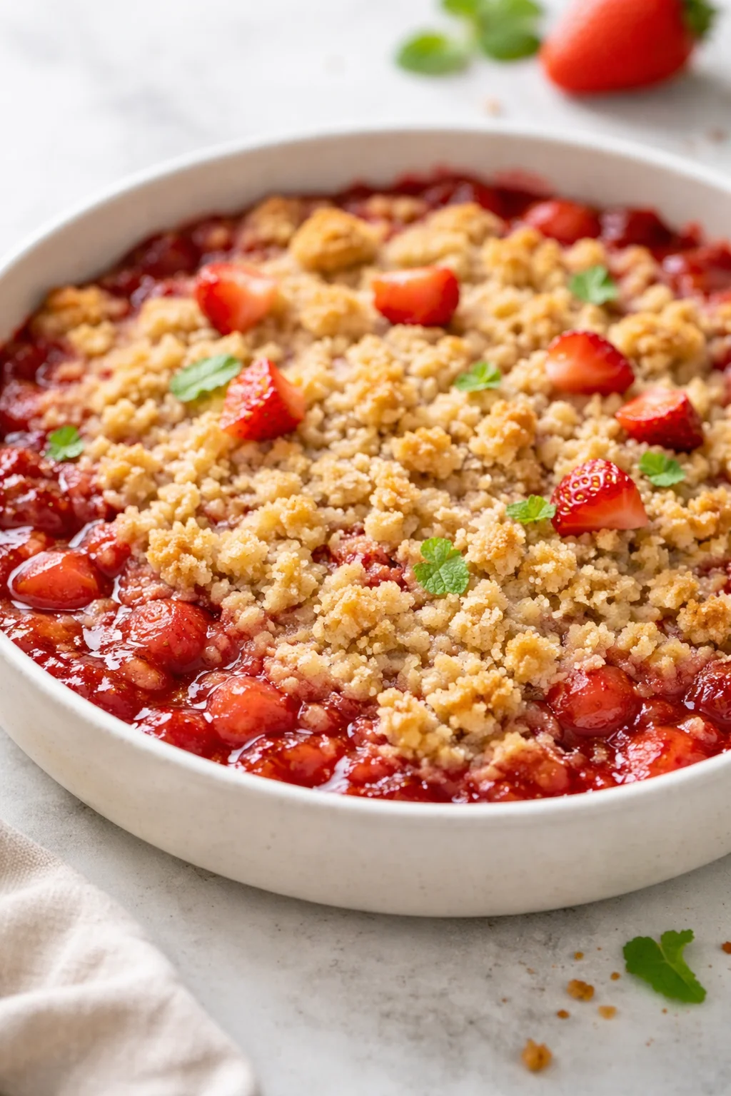 Delicious homemade strawberry rhubarb crumble served in a bowl