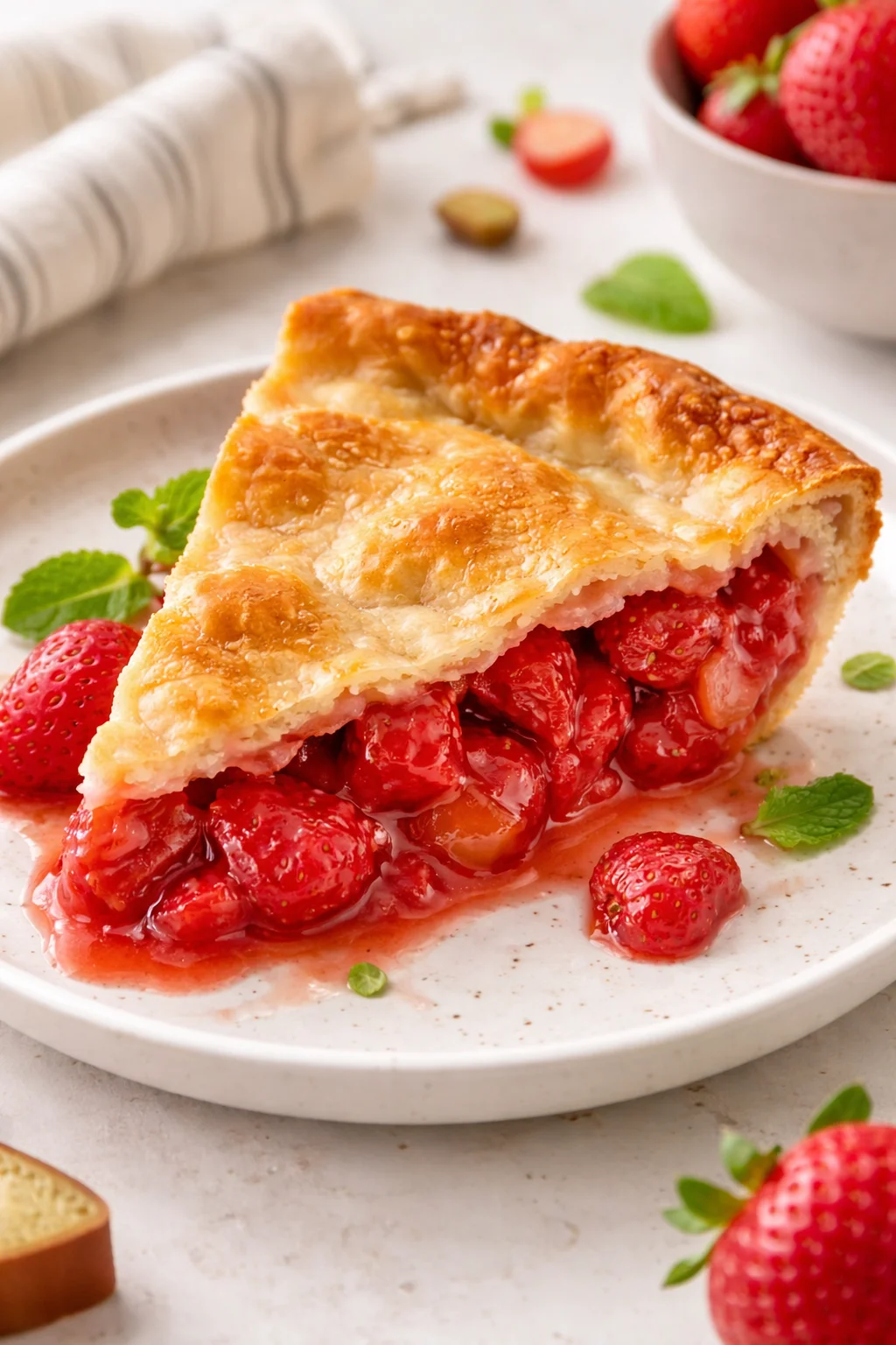 Freshly baked strawberry rhubarb pie with a flaky crust and vibrant filling