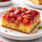 Deliciously layered Strawberry Rhubarb Upside Down Cake with fresh strawberries and rhubarb