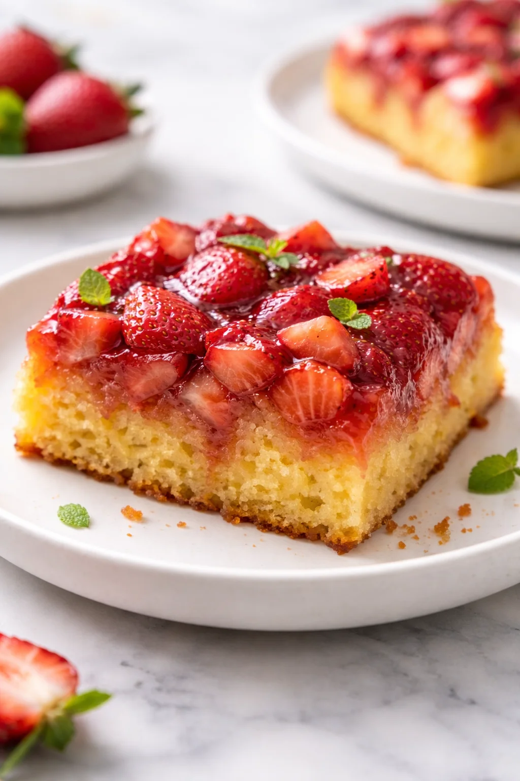 Deliciously layered Strawberry Rhubarb Upside Down Cake with fresh strawberries and rhubarb