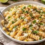 Delicious elote pasta salad with Greek yogurt in a colorful bowl