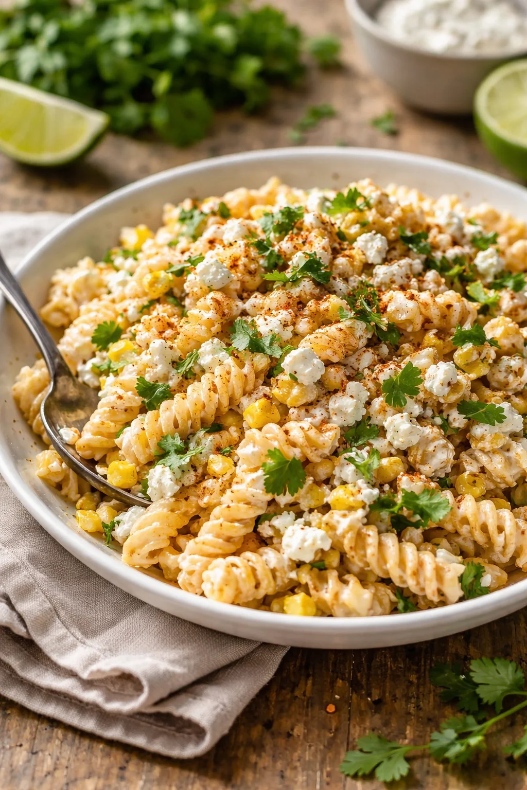 Delicious elote pasta salad with Greek yogurt in a colorful bowl