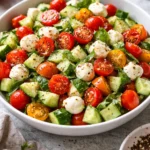 Fresh Tomato Cucumber Mozzarella Salad served in a bowl