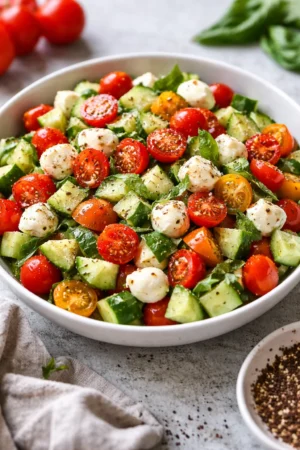 Fresh Tomato Cucumber Mozzarella Salad served in a bowl