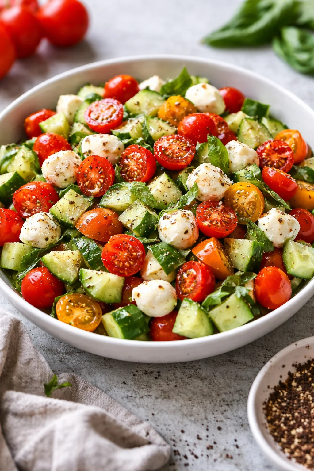 Fresh Tomato Cucumber Mozzarella Salad served in a bowl