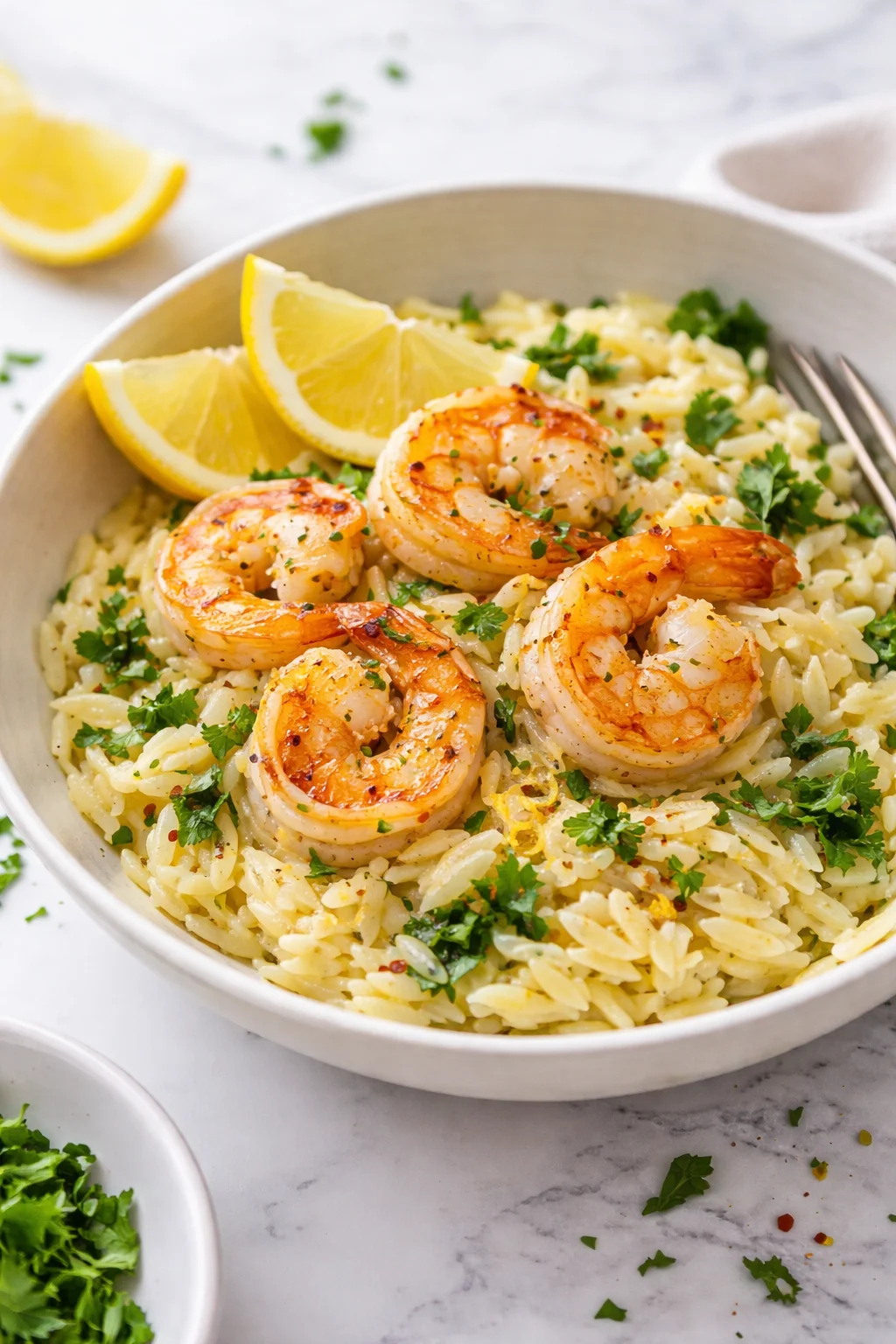 Dish of zesty lemon garlic shrimp over orzo pasta garnished with parsley.