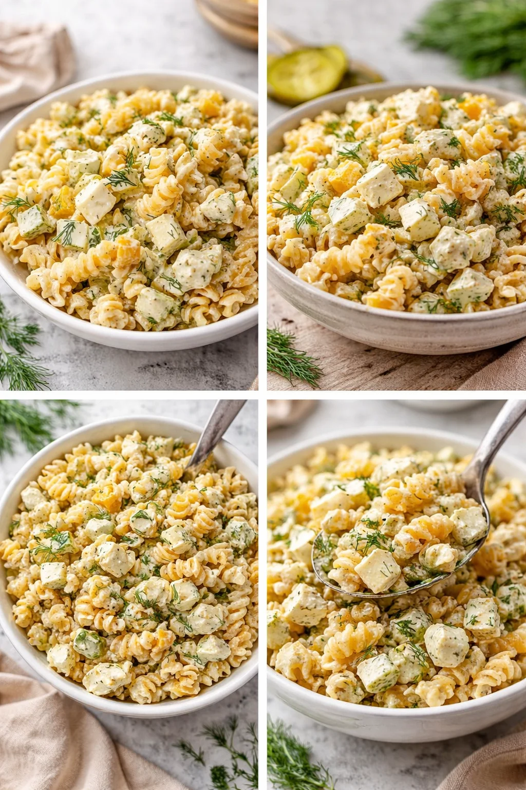 Zesty dill pickle pasta salad served in a bowl, perfect for summer gatherings.