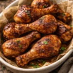 Delicious baked chicken legs served on a plate with herbs