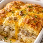 Delicious Biscuits and Gravy Casserole served in a dish