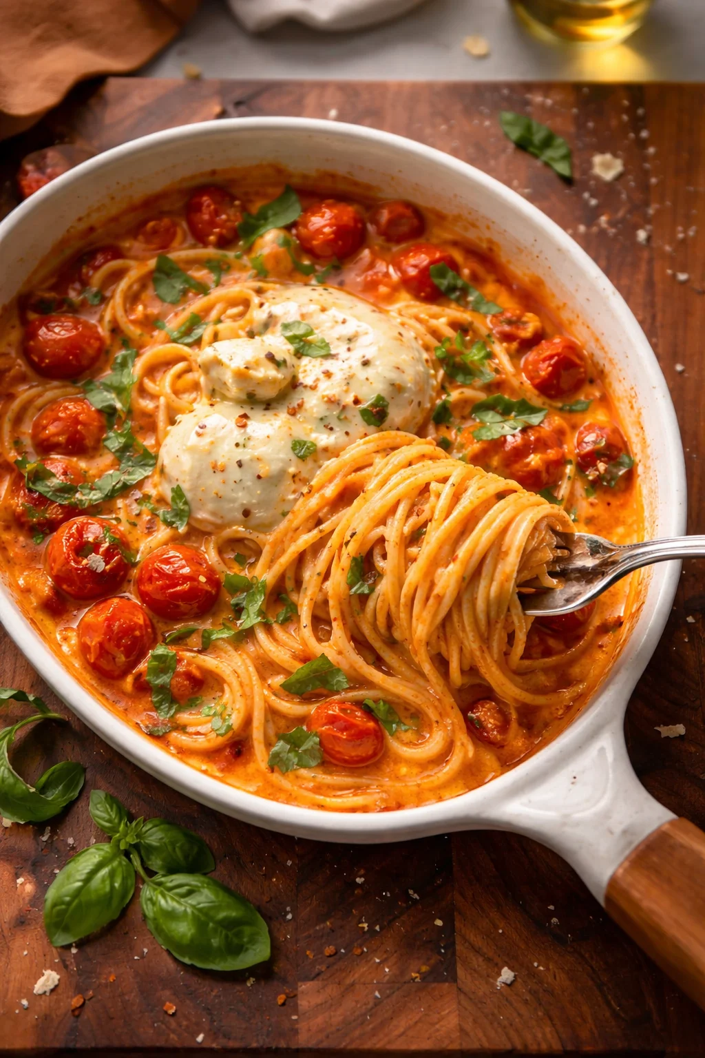 Creamy burrata dip pasta topped with herbs and spices