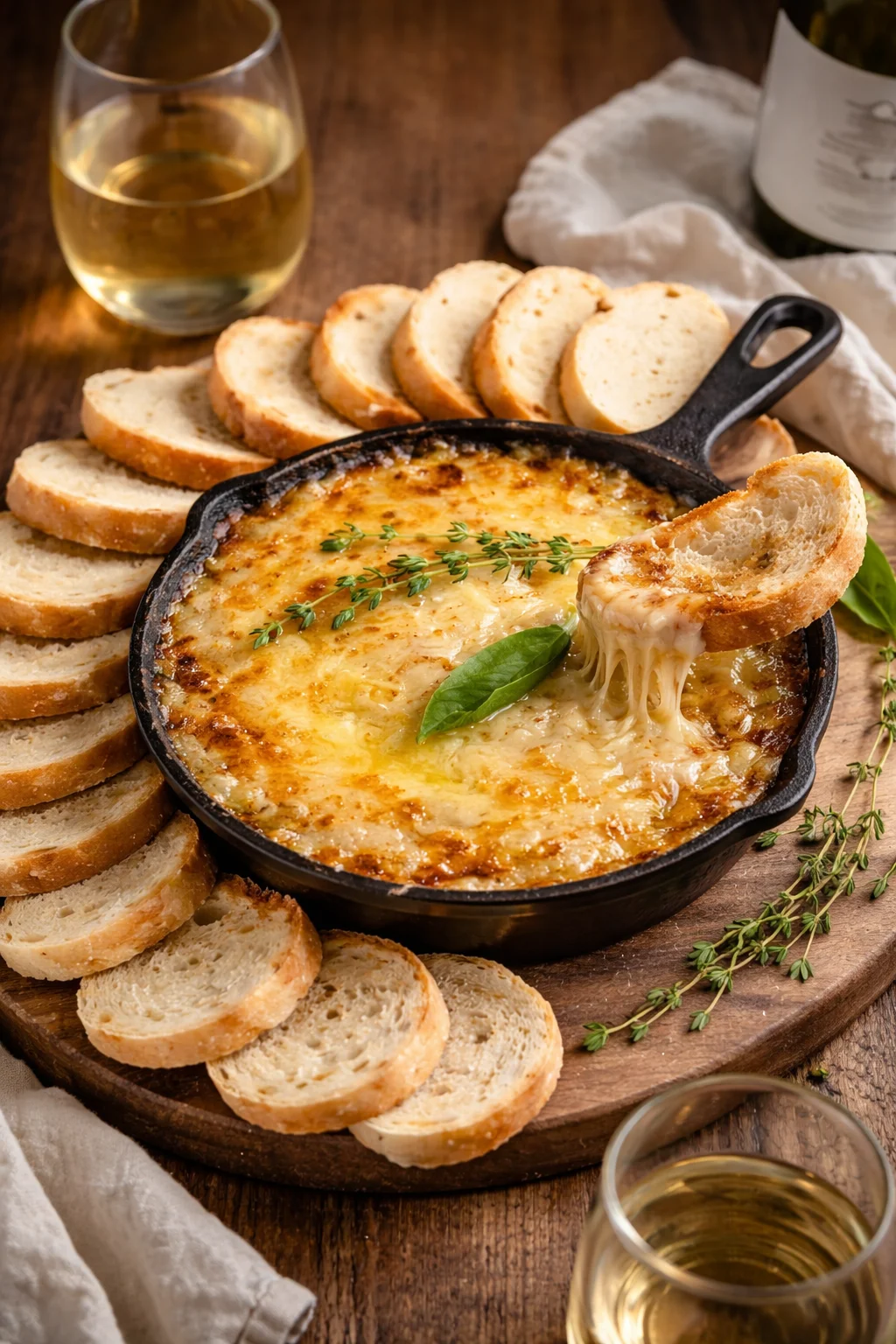 Caramelized onion cheese dip served in a bowl with chips on the side