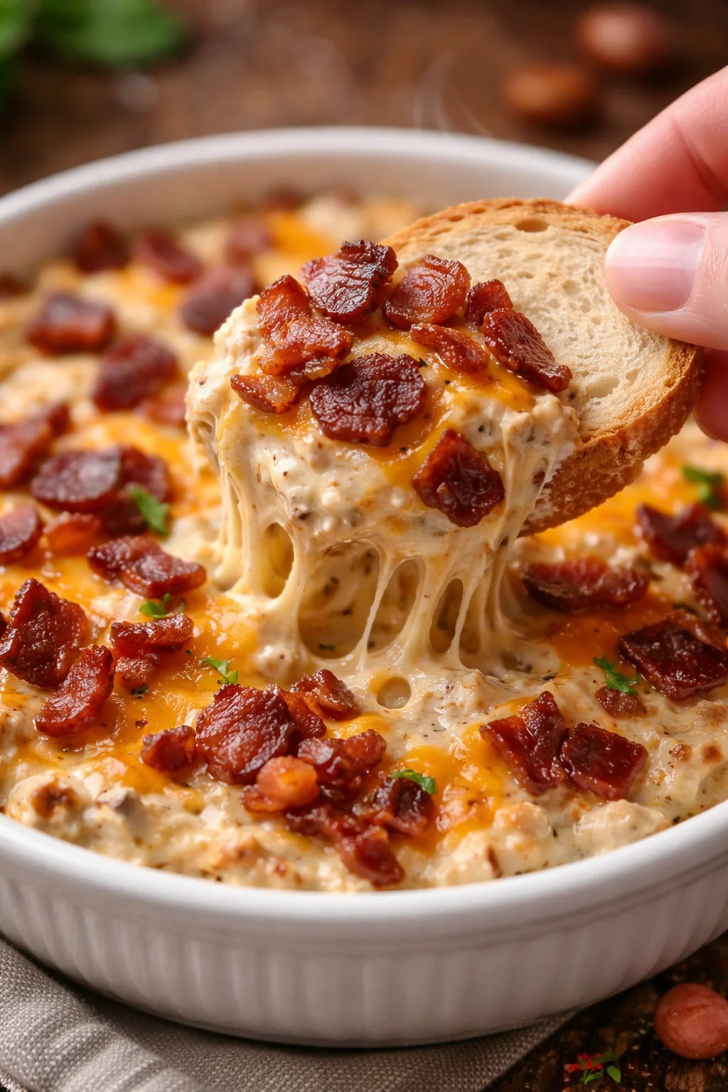 Delicious caramelized onion dip with crispy bacon, served in a bowl
