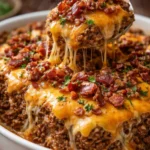 Cheesy Loaded Meatloaf Casserole topped with melted cheese and fresh herbs.