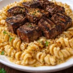 Creamy garlic butter steak bites with spicy Cajun Alfredo twisted pasta dish