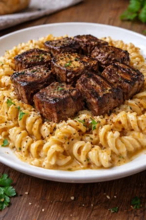Creamy garlic butter steak bites with spicy Cajun Alfredo twisted pasta dish