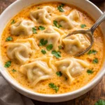 Creamy Thai Dumpling Soup in a bowl, garnished with herbs and chili