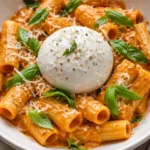 Creamy tomato burrata pasta garnished with fresh basil and parmesan