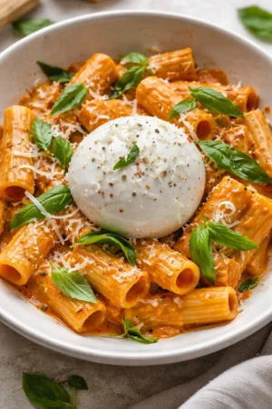 Creamy tomato burrata pasta garnished with fresh basil and parmesan