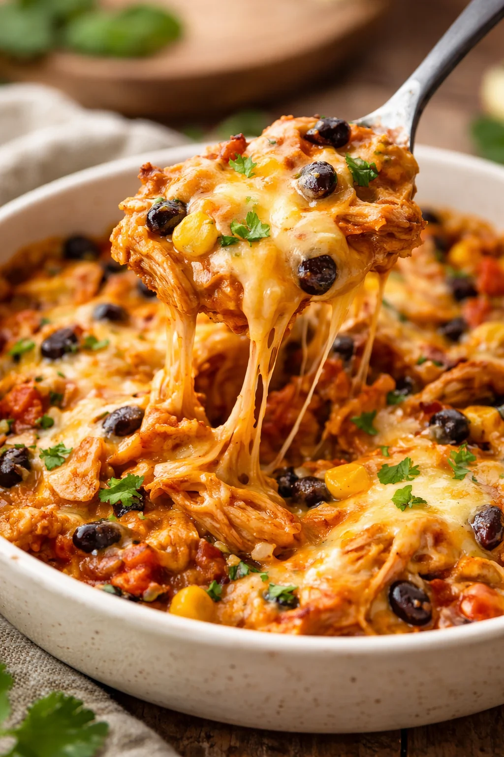 Crockpot Chicken Enchiladas Casserole topped with cheese and herbs
