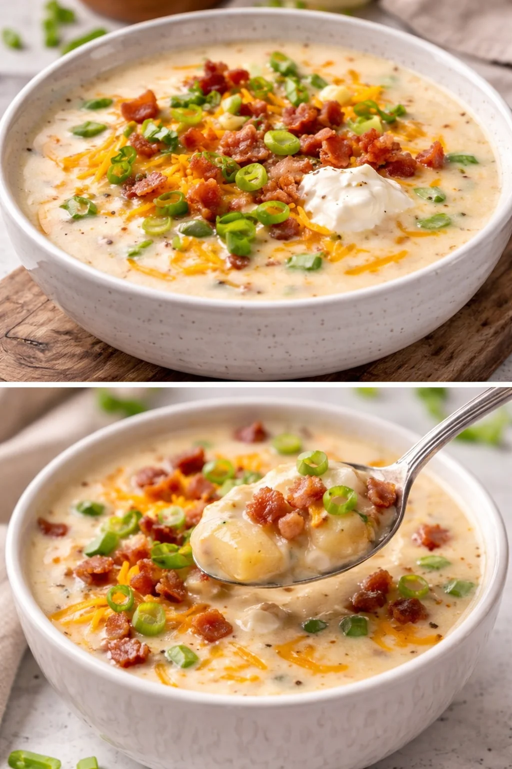 Delicious and creamy Crockpot potato soup in a bowl garnished with herbs