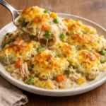 Delicious chicken cobbler dinner casserole topped with golden biscuits.