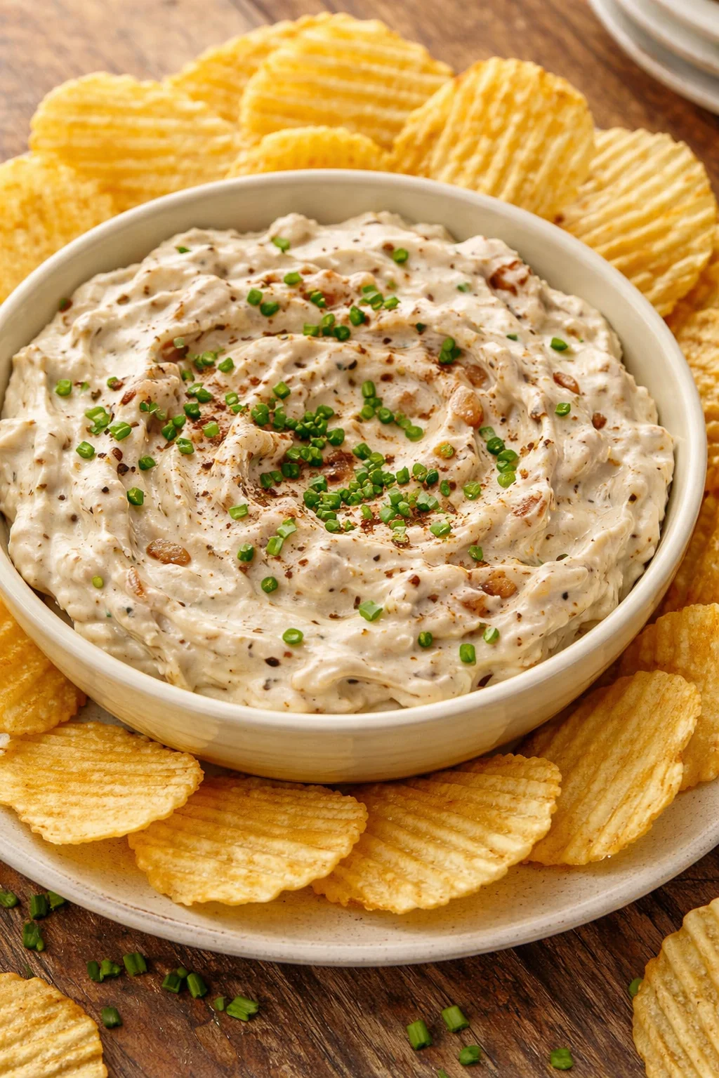 Bowl of easy French Onion Dip for chips with fresh ingredients