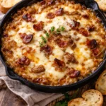 Hot caramelized onion dip with bacon and Gruyere served in a bowl