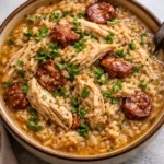 Delicious bowl of Lowcountry Chicken Bog with long grain rice and herbs