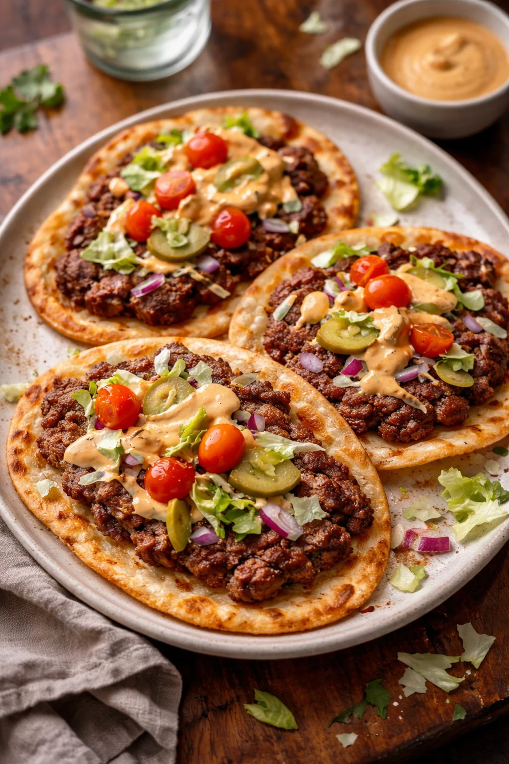 Smash burger tacos recipe with special sauce garnished on a plate