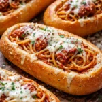 Spaghetti garlic bread bowls filled with spaghetti and served with garlic bread